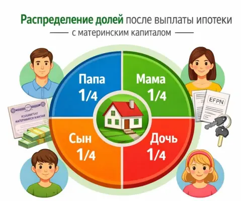 Как наделить долями детей после выплаты ипотеки на материнский капитал?